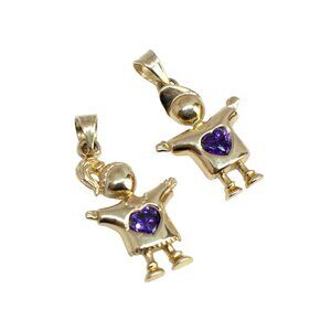 14K Gold Boy & Girl Charm Pendants with Purple Heart Stones